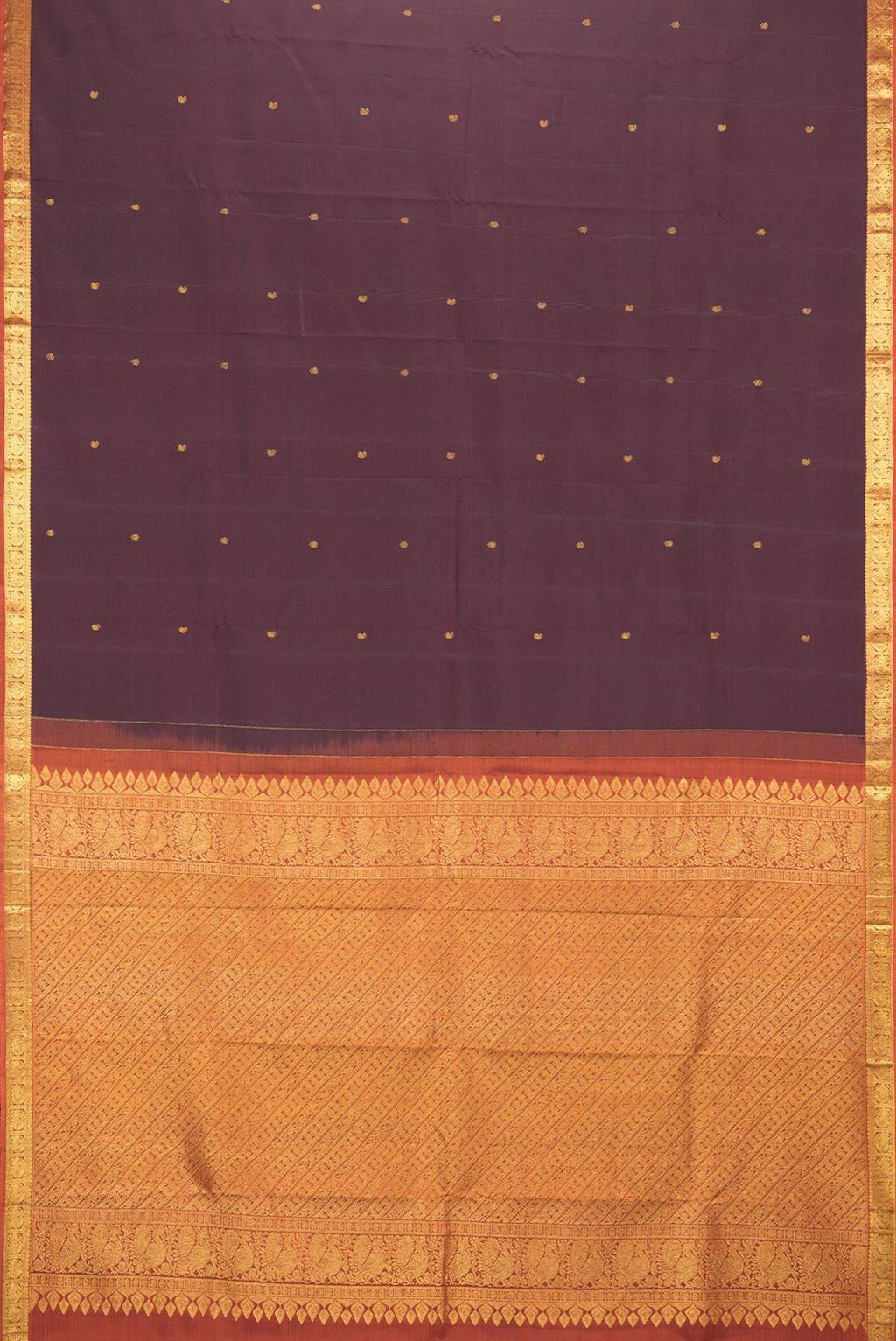 Flat view of Pure Silk Brown Kanchipuram Saree with Zari Butta on the body and Zari Border. 