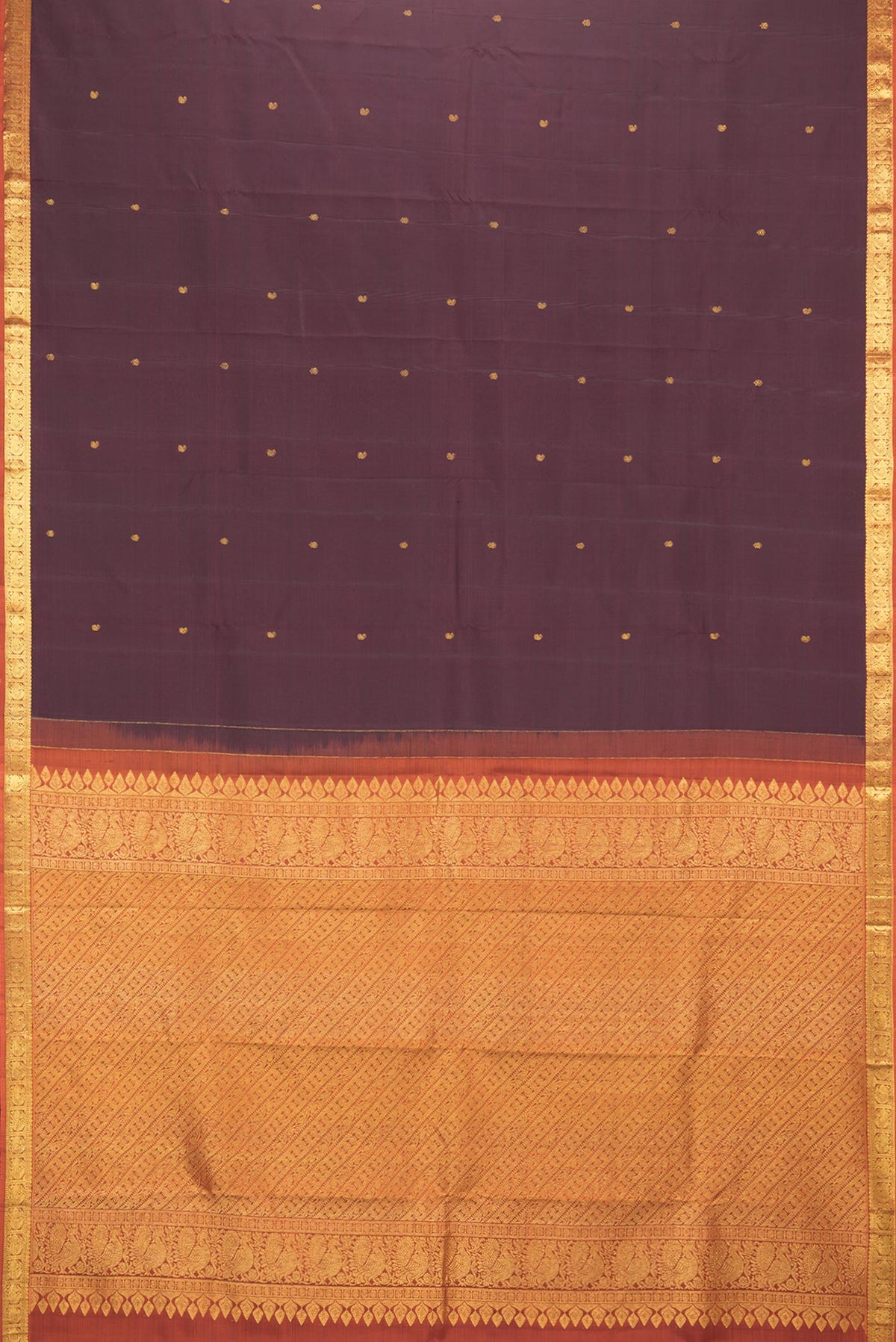 Flat view of Pure Silk Brown Kanchipuram Saree with Zari Butta on the body and Zari Border. 