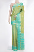 Pure Silk Pista Green Dual Tone Kanchipuram Saree with Zari Butta on the body and Zari Border.  displayed on a mannequin