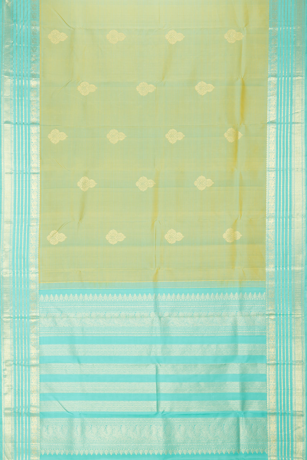 Flat view of Pure Silk Pista Green Dual Tone Kanchipuram Saree with Zari Butta on the body and Zari Border. 