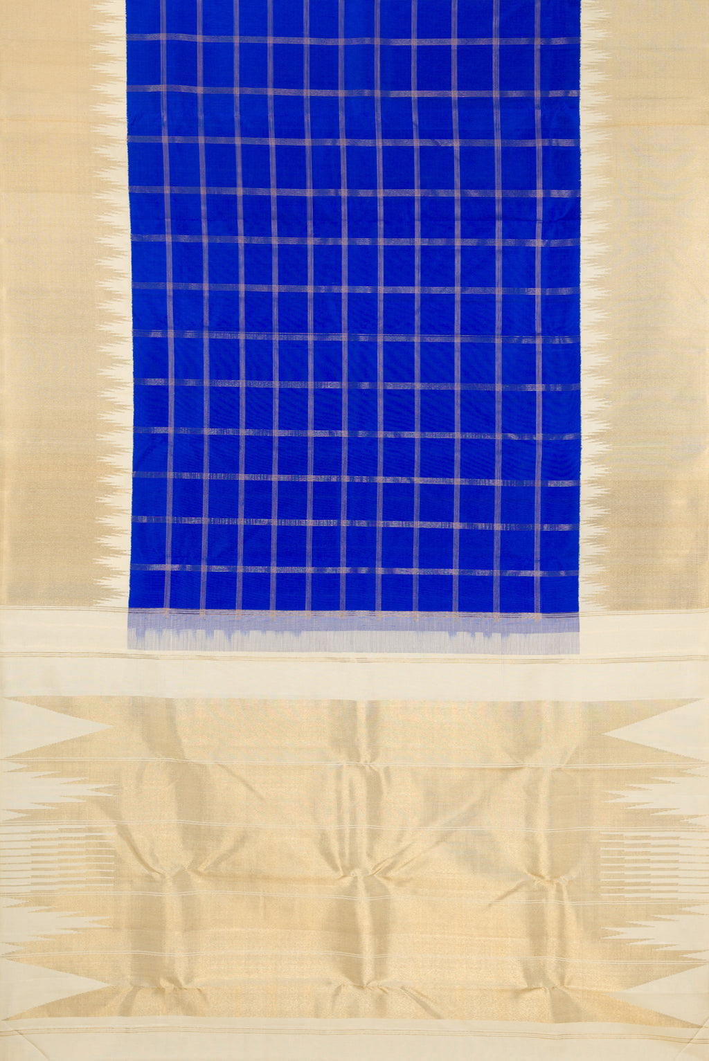 Flat view of Pure Silk Pure Zari Royal Blue Kanjivaram Saree with Checked design on the body and Temple Border. 