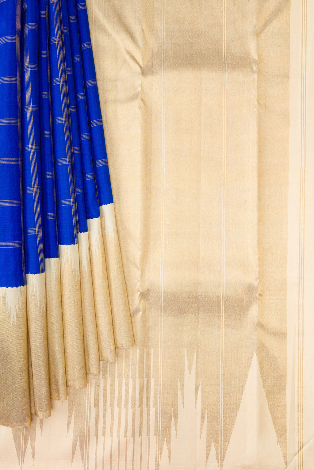 Pleats and pallu of Pure Silk Pure Zari Royal Blue Kanjivaram Saree with Checked design on the body and Temple Border. 