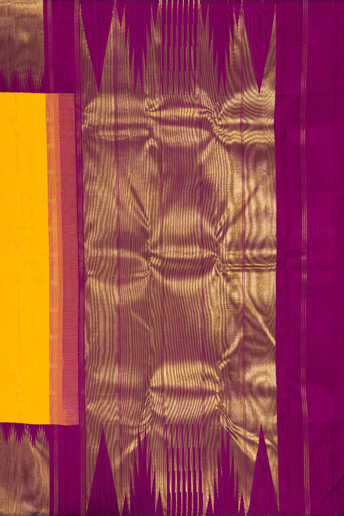 Close up image of the pallu of Pure Silk Pure Zari Yellow Kanjivaram Saree with Checked design on the body and Temple Border. 