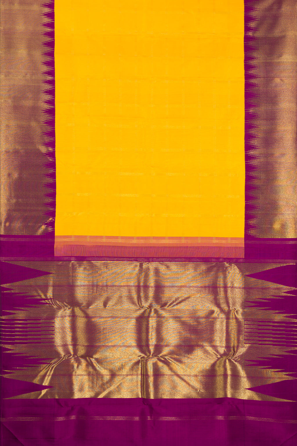 Flat view of Pure Silk Pure Zari Yellow Kanjivaram Saree with Checked design on the body and Temple Border. 