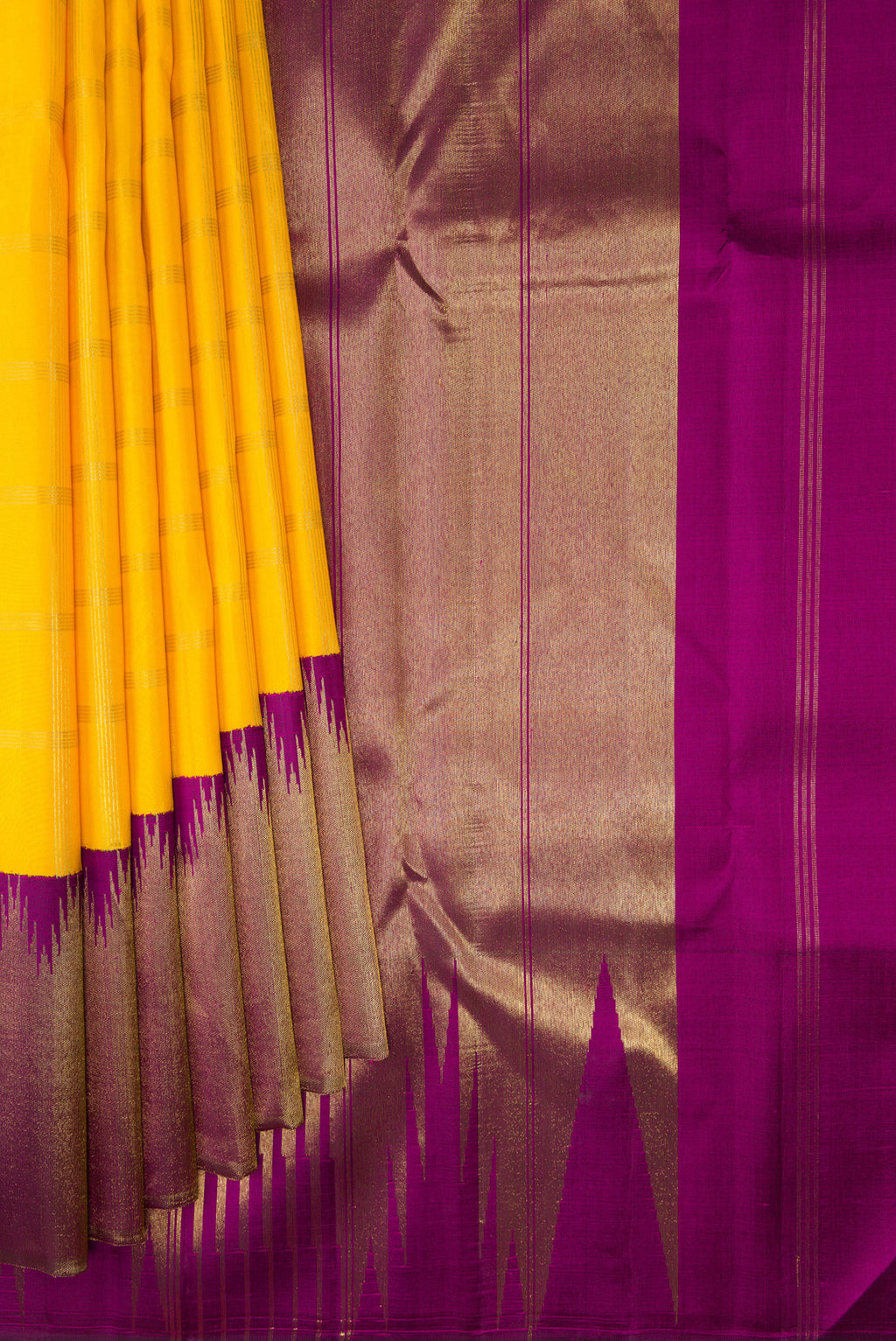 Pleats and pallu of Pure Silk Pure Zari Yellow Kanjivaram Saree with Checked design on the body and Temple Border. 