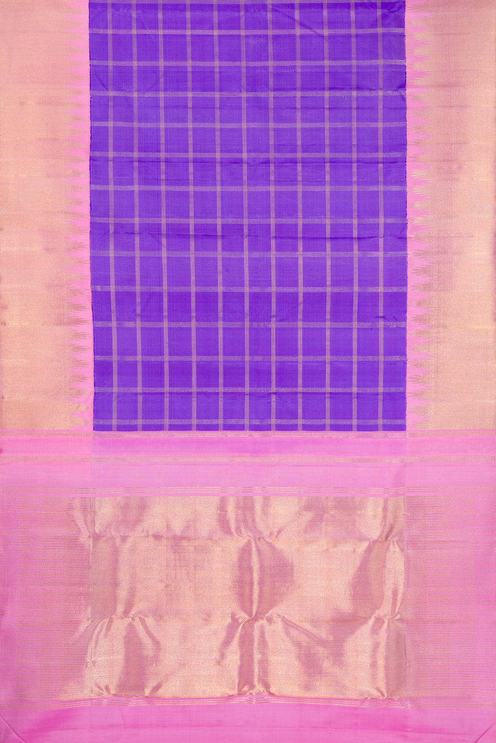Flat view of Pure Silk Pure Zari Lavender Kanjivaram Saree with Checked design on the body and Zari Border. 