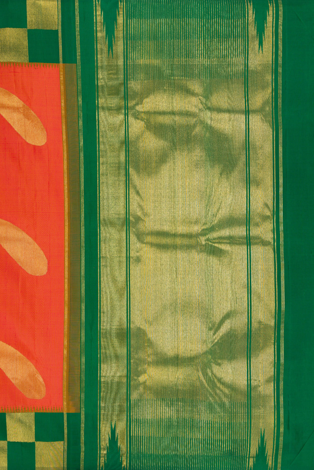 Close up image of the pallu of Pure Silk Pure Zari Orange Kanjivaram Saree with Zari Butta on the body and Checks Border. 