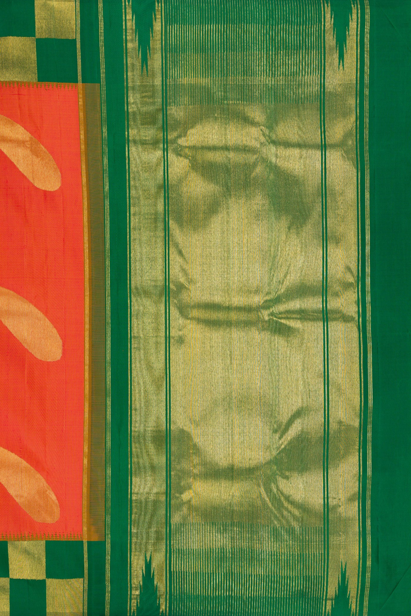 Close up image of the pallu of Pure Silk Pure Zari Orange Kanjivaram Saree with Zari Butta on the body and Checks Border. 
