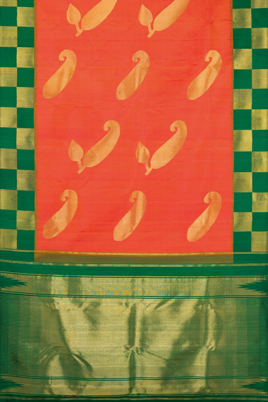 Flat view of Pure Silk Pure Zari Orange Kanjivaram Saree with Zari Butta on the body and Checks Border. 