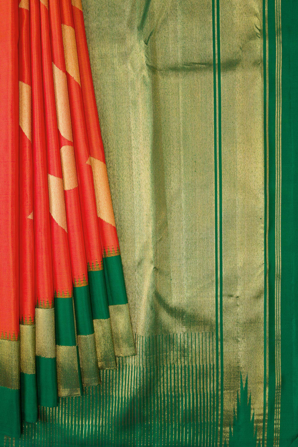 Pleats and pallu of Pure Silk Pure Zari Orange Kanjivaram Saree with Zari Butta on the body and Checks Border. 