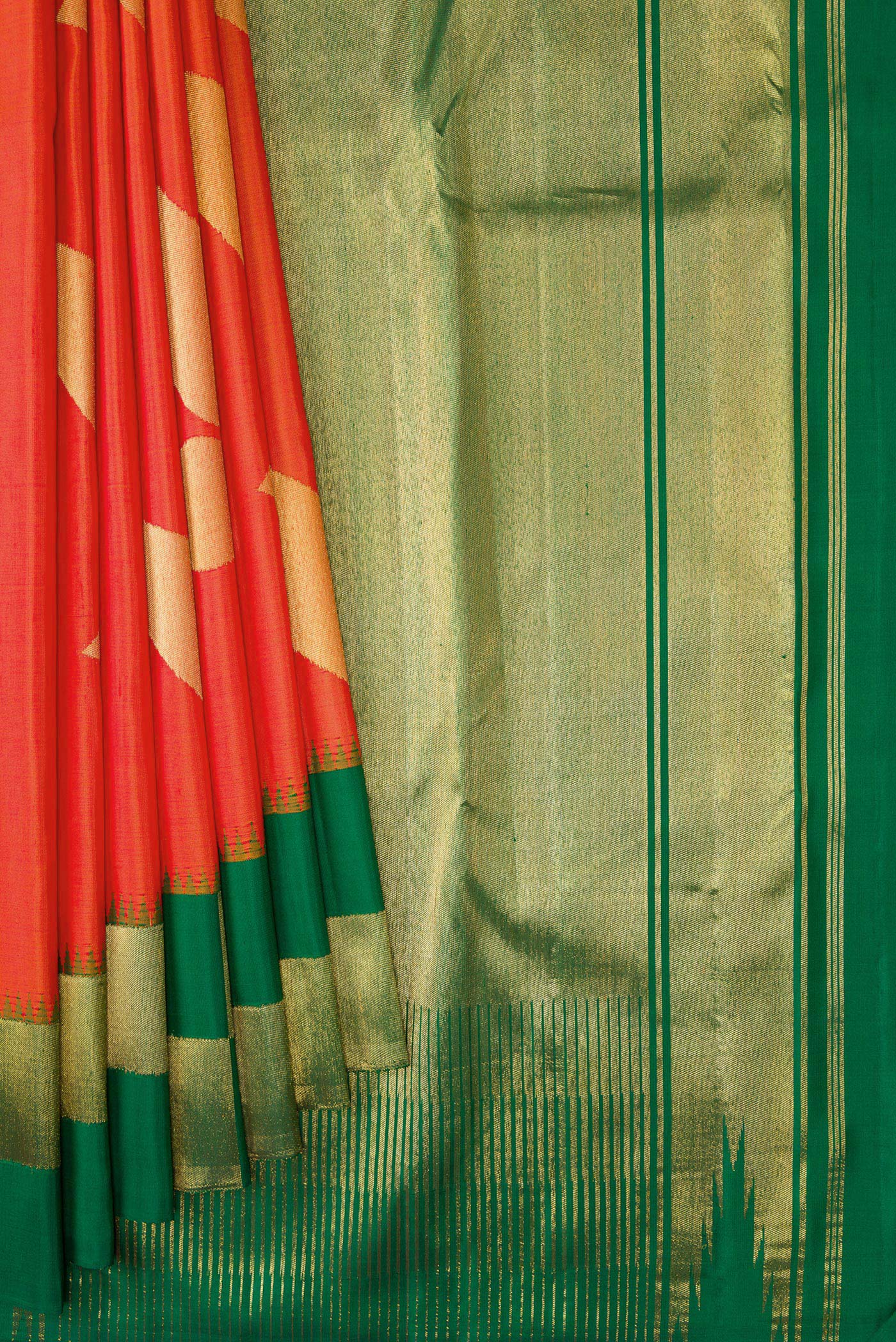 Pleats and pallu of Pure Silk Pure Zari Orange Kanjivaram Saree with Zari Butta on the body and Checks Border. 