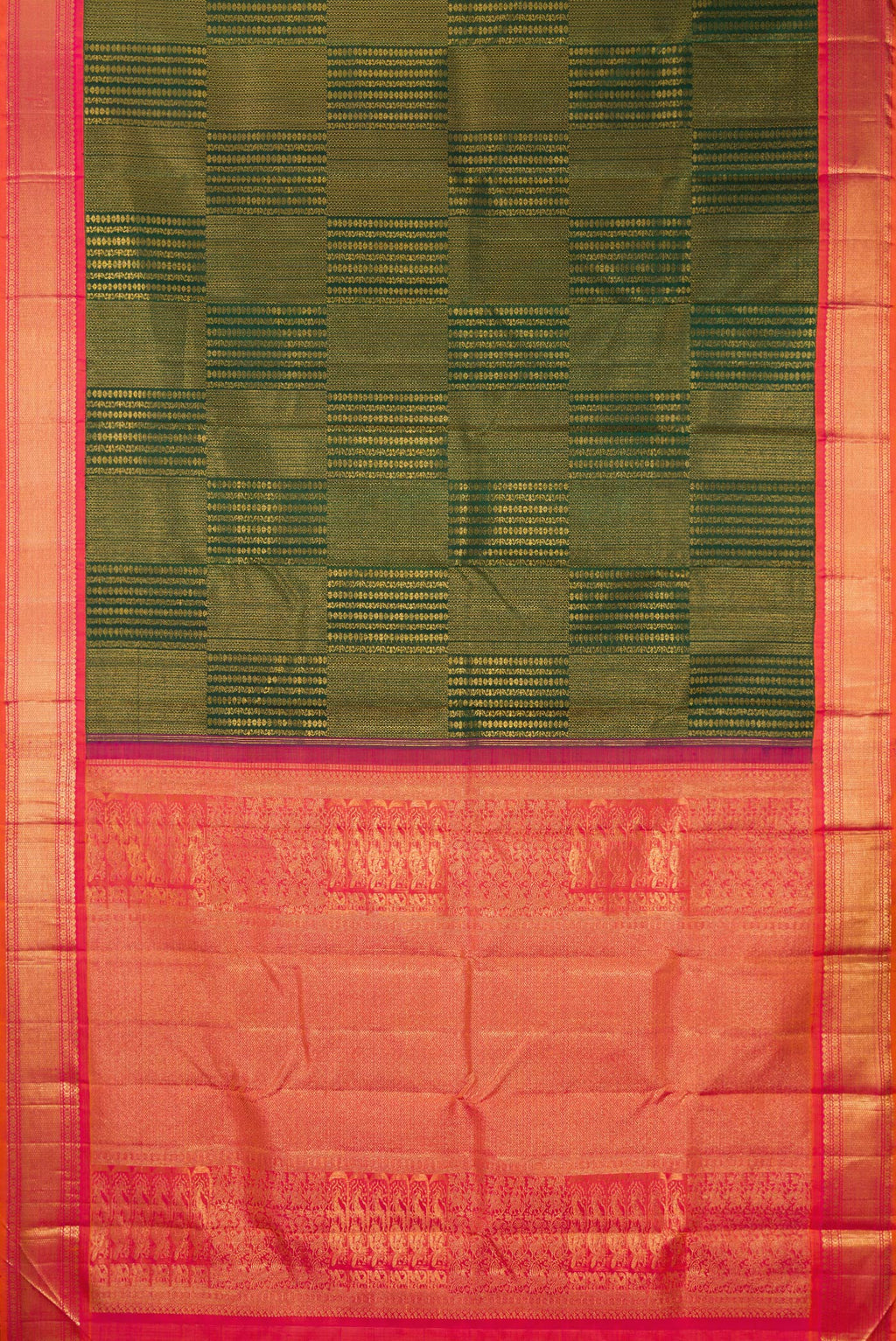 Flat view of Pure Silk Bottle Green Kanchipuram Saree with Zari Brocade on the body and Zari Border. 