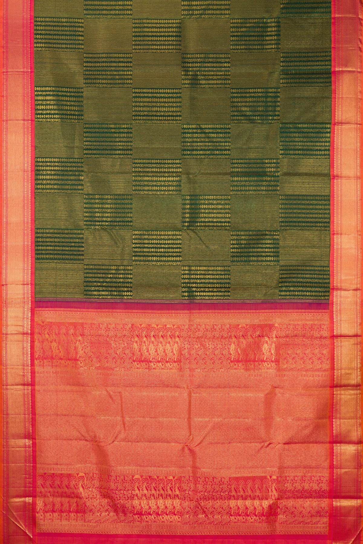 Flat view of Pure Silk Bottle Green Kanchipuram Saree with Zari Brocade on the body and Zari Border. 