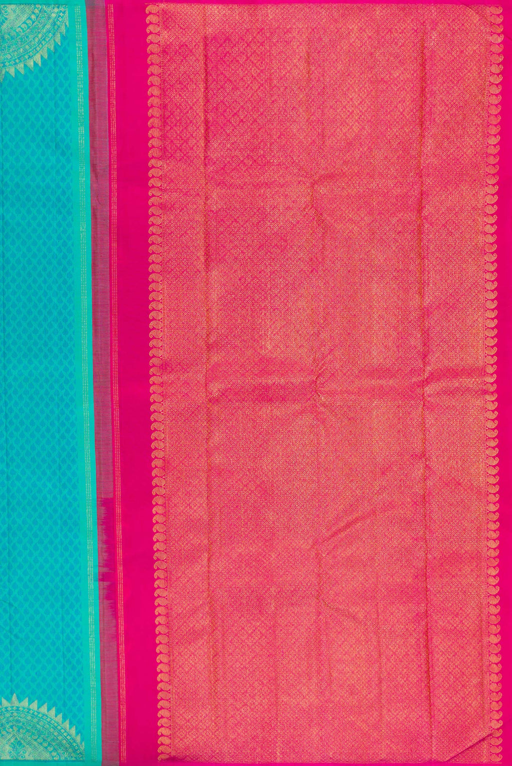 Close up image of the pallu of Pure Silk Sky Blue Kanchipuram Saree with Jacquard With Zari Butta on the body and Fancy Border. 
