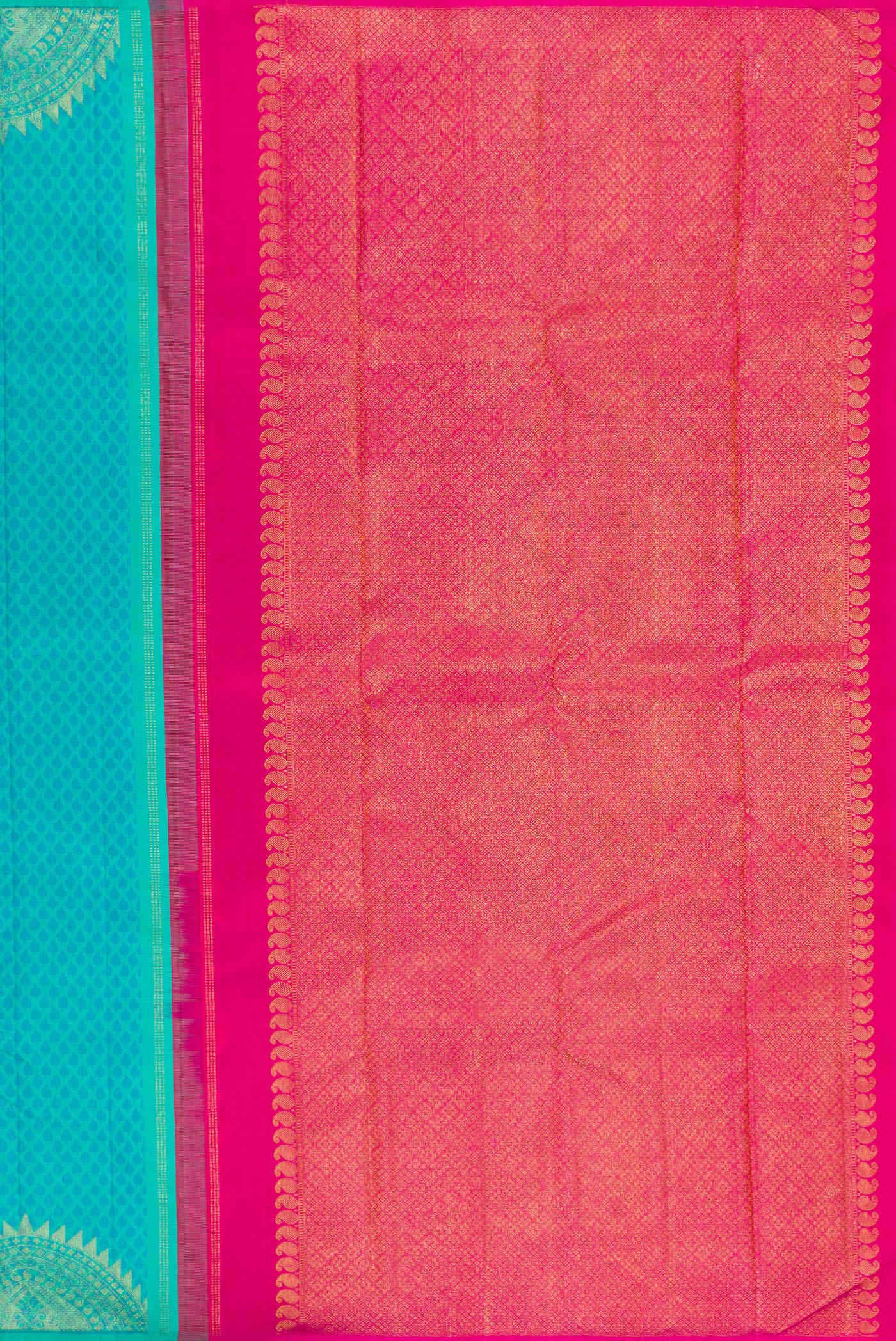 Close up image of the pallu of Pure Silk Sky Blue Kanchipuram Saree with Jacquard With Zari Butta on the body and Fancy Border. 