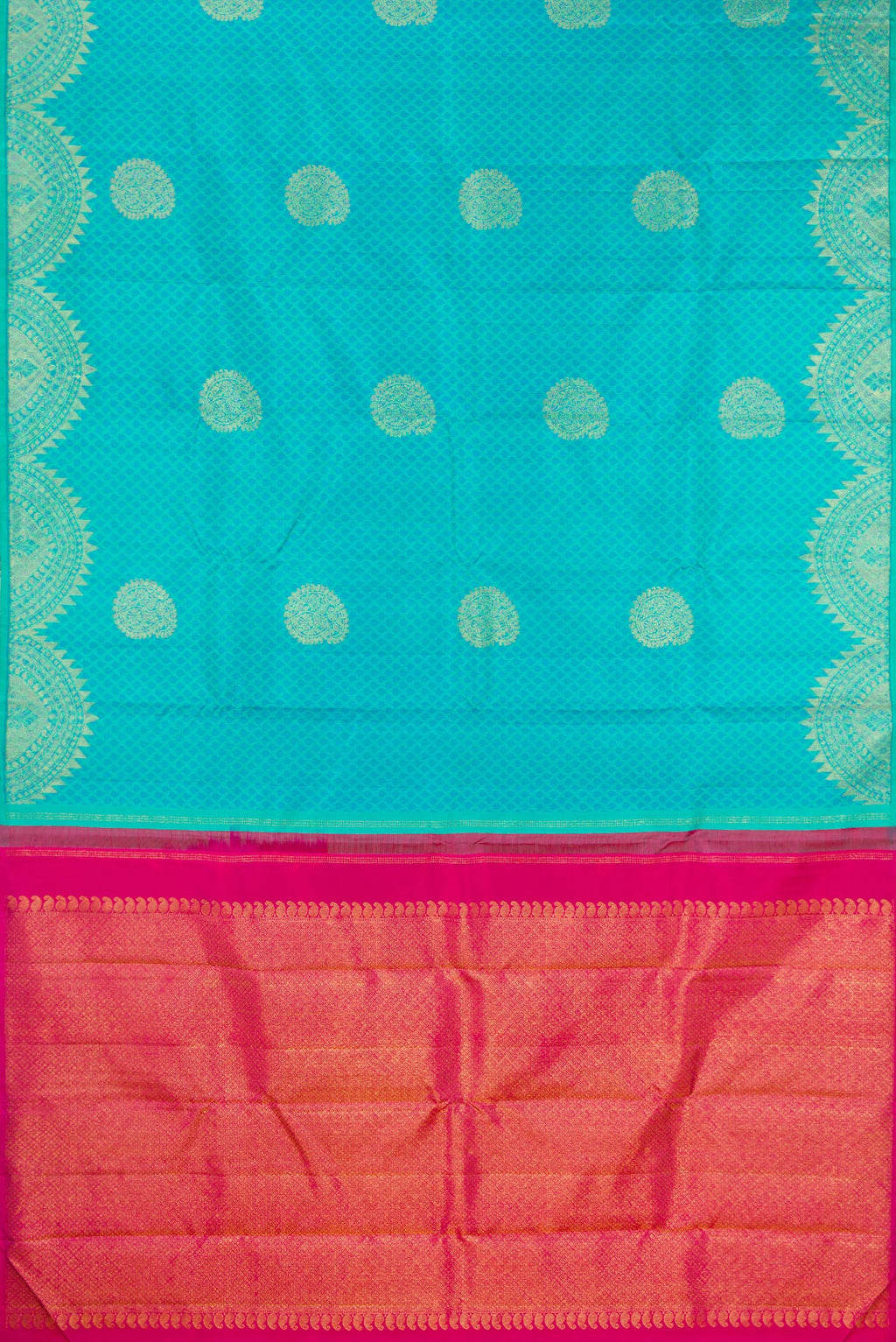 Flat view of Pure Silk Sky Blue Kanchipuram Saree with Jacquard With Zari Butta on the body and Fancy Border. 
