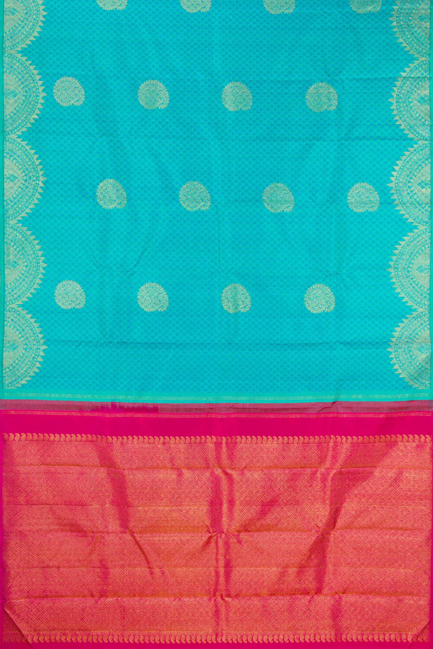 Flat view of Pure Silk Sky Blue Kanchipuram Saree with Jacquard With Zari Butta on the body and Fancy Border. 