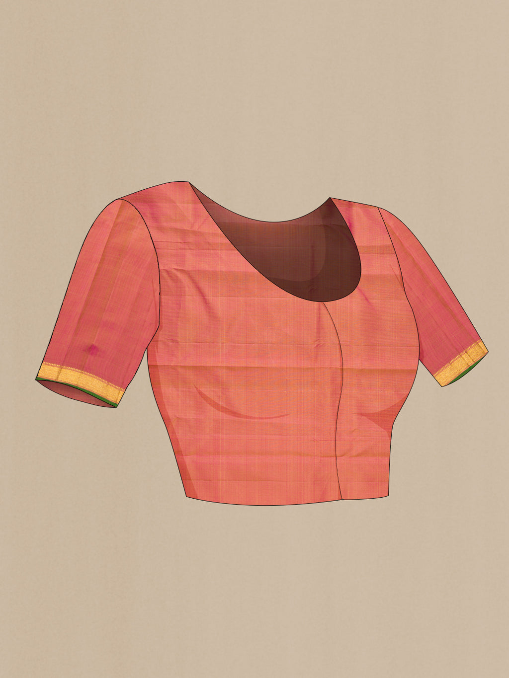 Close up image of the blouse of Pure Silk Beige Kanjivaram Saree with Jacquard design on the body and Zari Border. 