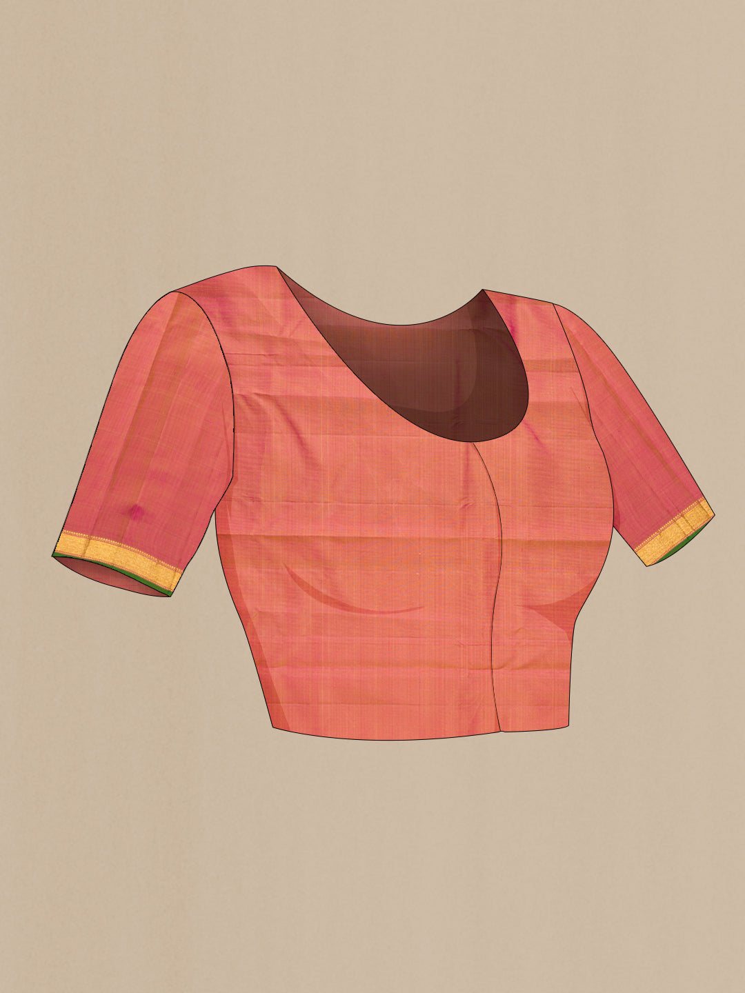 Close up image of the blouse of Pure Silk Beige Kanjivaram Saree with Jacquard design on the body and Zari Border. 