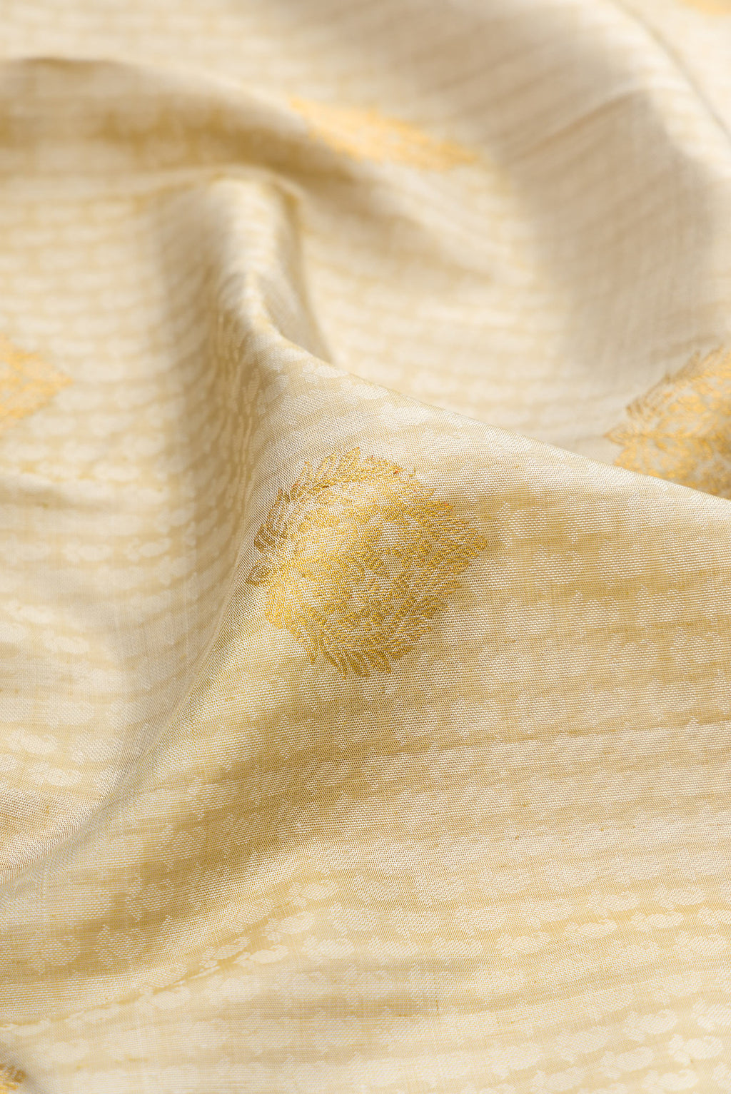 Close up of Pure Silk Beige Kanjivaram Saree with Jacquard design on the body and Zari Border.  displaying folds