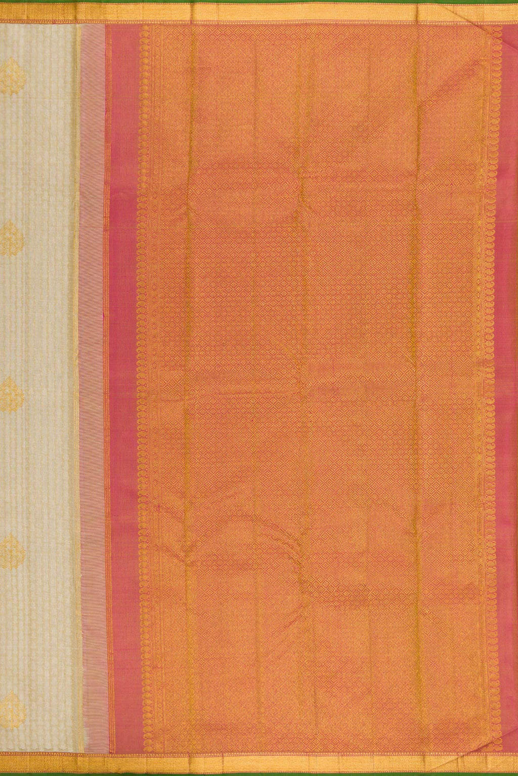 Close up image of the pallu of Pure Silk Beige Kanjivaram Saree with Jacquard design on the body and Zari Border. 