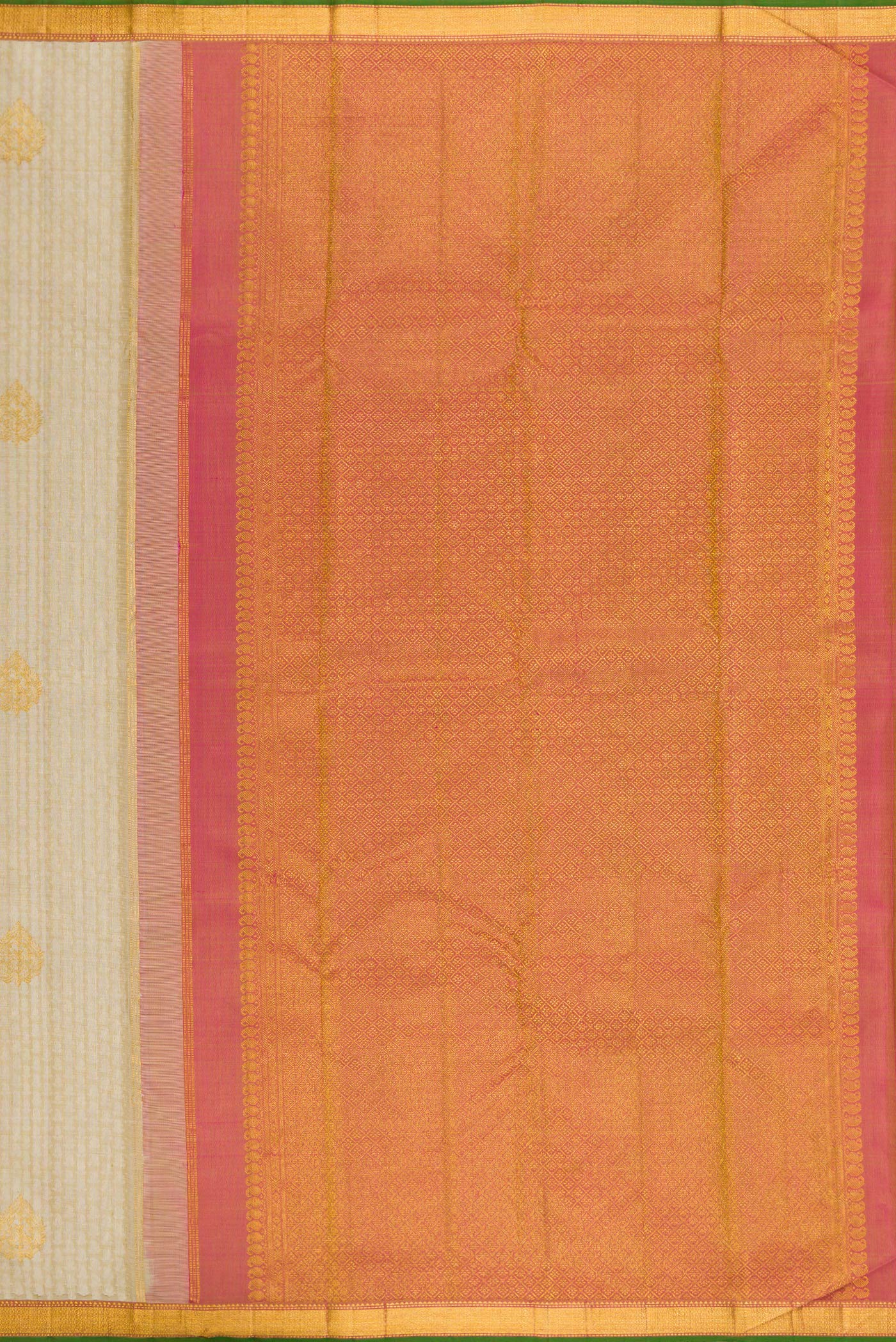 Close up image of the pallu of Pure Silk Beige Kanjivaram Saree with Jacquard design on the body and Zari Border. 