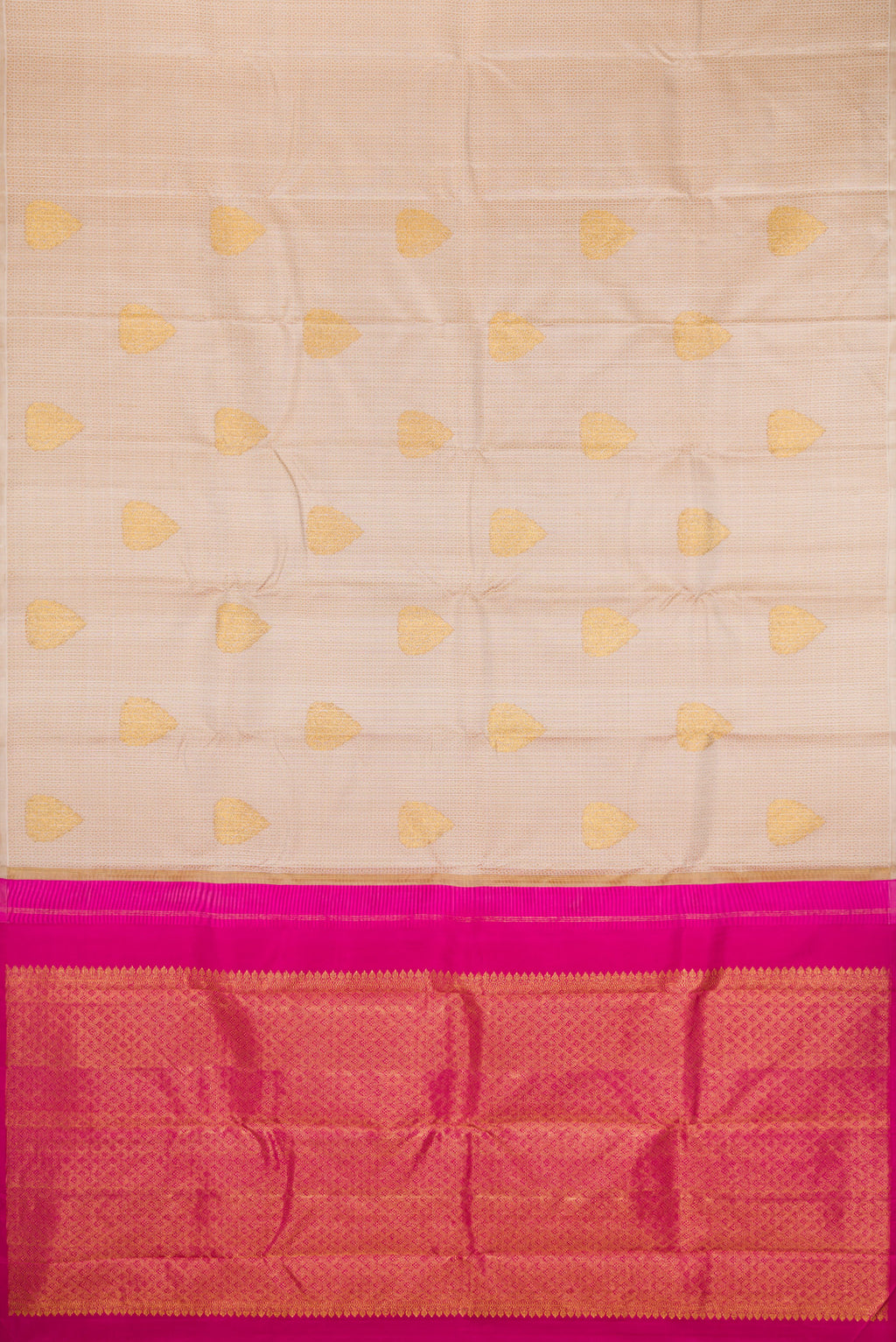 Flat view of Pure Silk Beige Kanchipuram Saree with Jacquard With Zari Butta on the body and Without Border. 