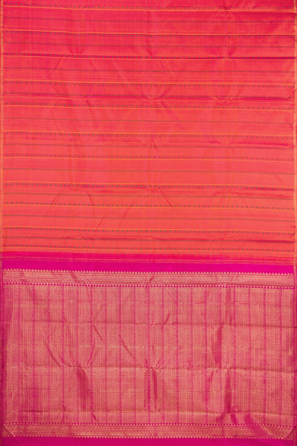 Flat view of Pure Silk Coral Kanchipuram Saree with Stripes on the body and Thin Zari Line. 