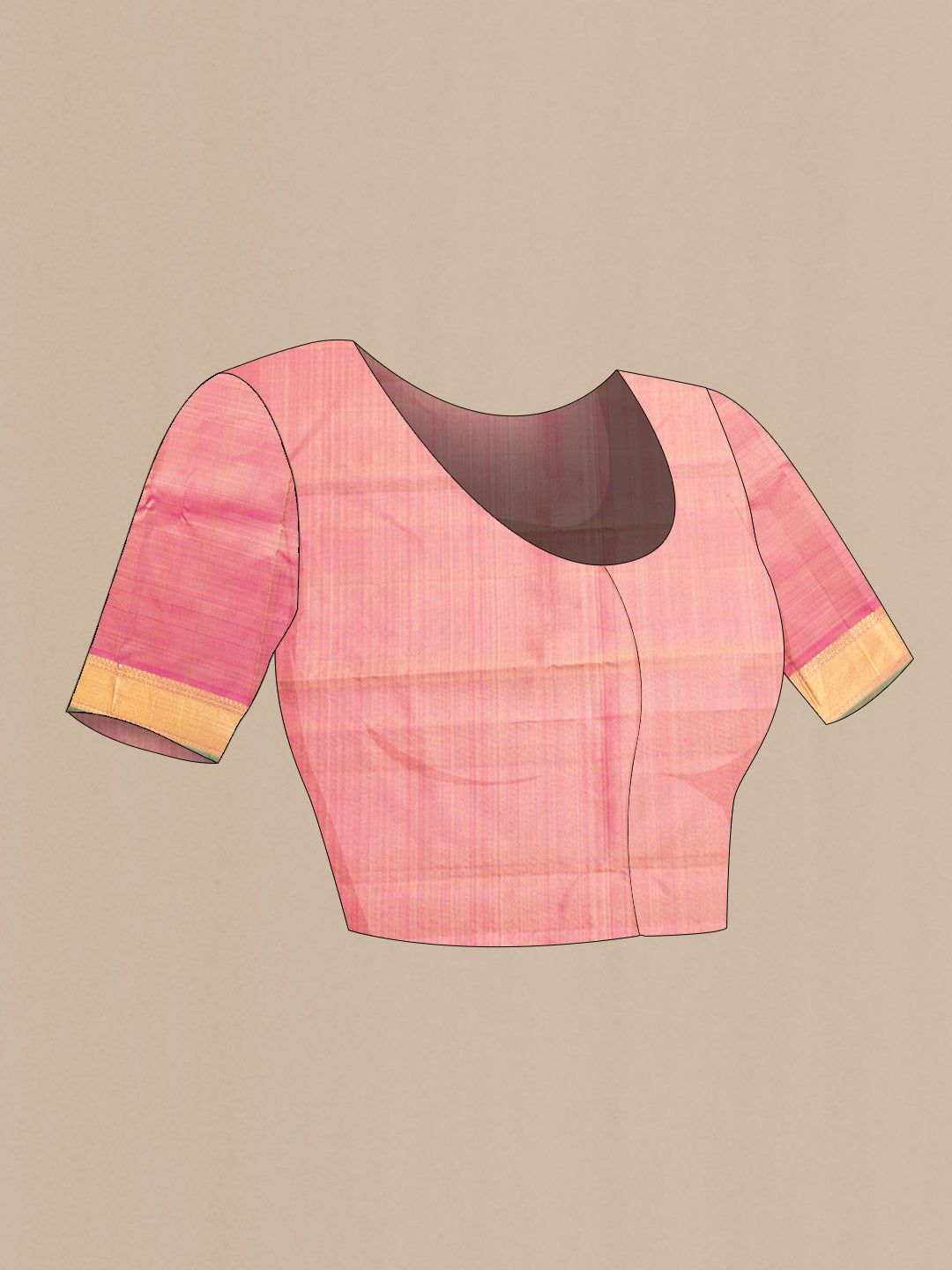 Close up image of the blouse of Pure Silk Beige Kanchipuram Saree with Checked design on the body and Zari Border. 