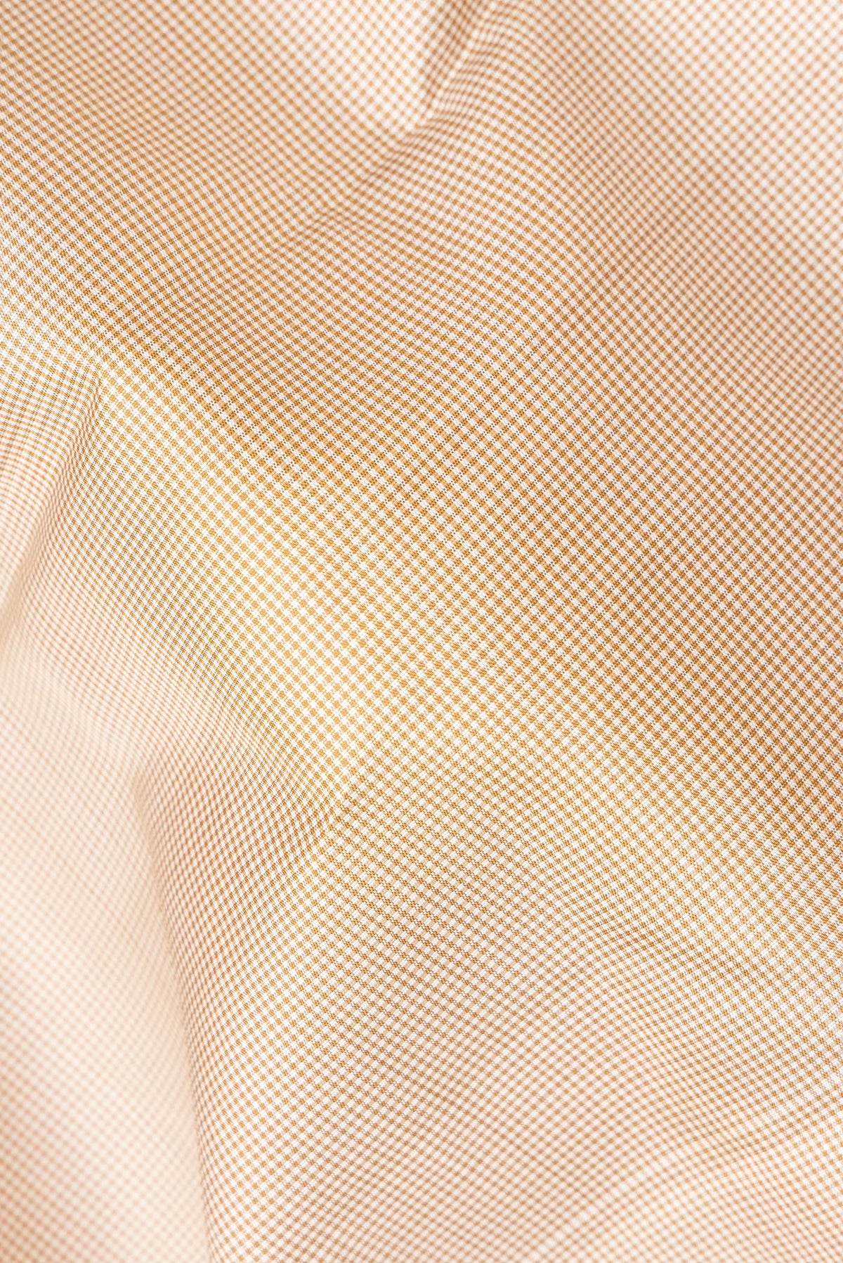 Close up of Pure Silk Beige Kanchipuram Saree with Checked design on the body and Zari Border.  displaying folds