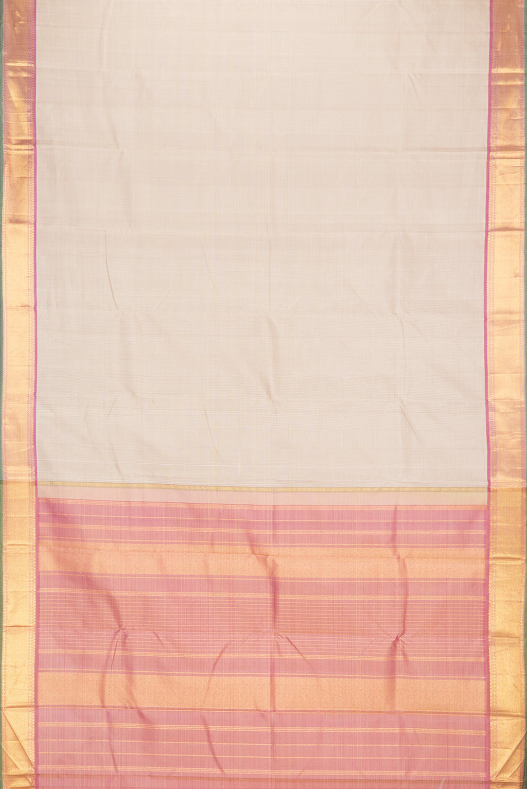 Flat view of Pure Silk Beige Kanchipuram Saree with Checked design on the body and Zari Border. 