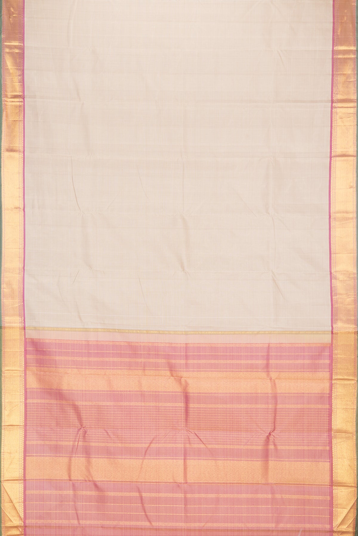 Flat view of Pure Silk Beige Kanchipuram Saree with Checked design on the body and Zari Border. 