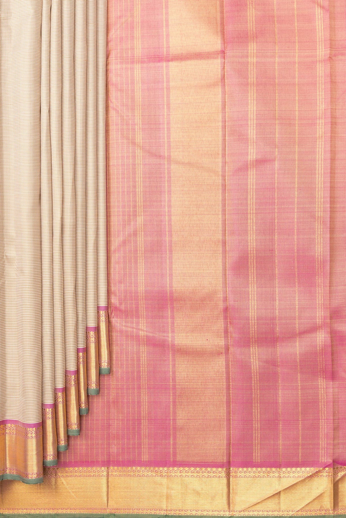 Pleats and pallu of Pure Silk Beige Kanchipuram Saree with Checked design on the body and Zari Border. 