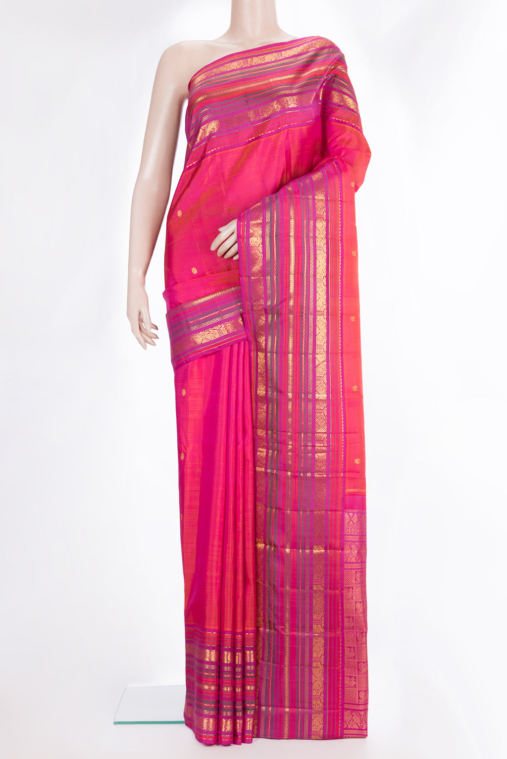 Pure Silk Pink Dual Tone Kanjivaram Saree with Zari Butta on the body and Zari Border.  displayed on a mannequin