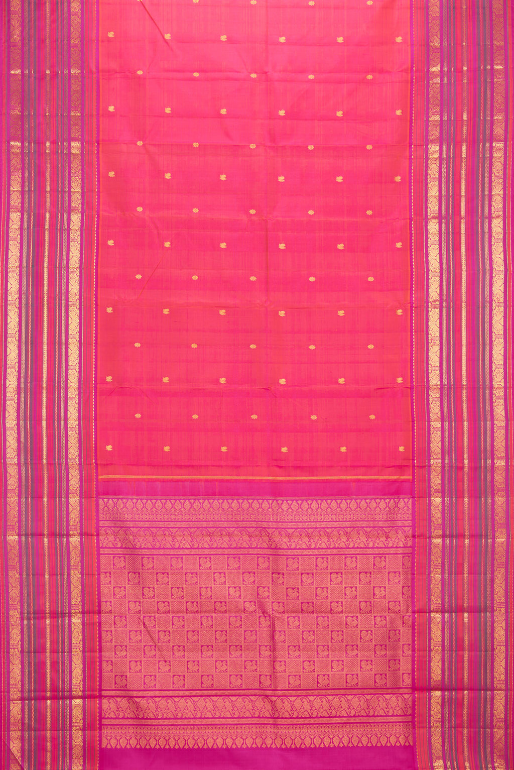 Flat view of Pure Silk Pink Dual Tone Kanjivaram Saree with Zari Butta on the body and Zari Border. 