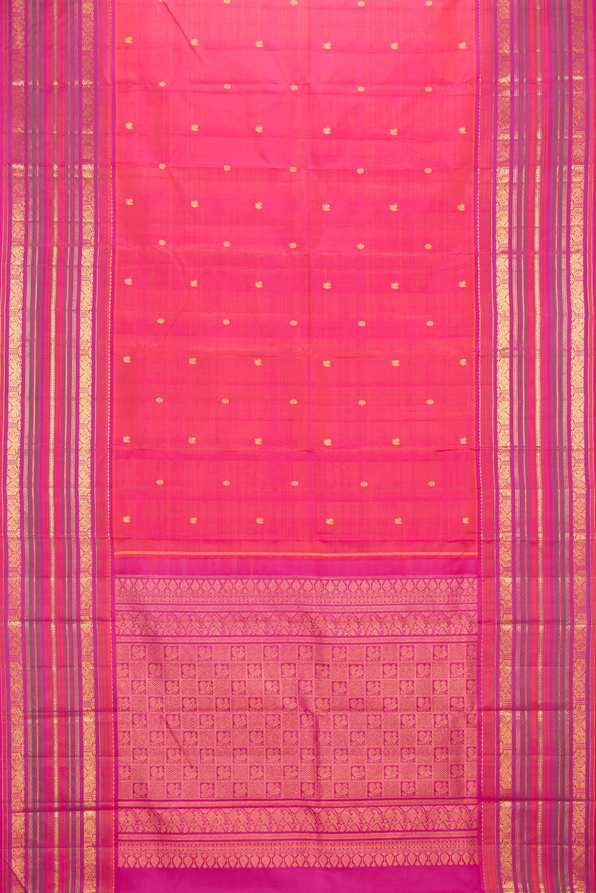 Flat view of Pure Silk Pink Dual Tone Kanjivaram Saree with Zari Butta on the body and Zari Border. 