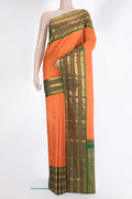 Pure Silk Orange Kanjivaram Saree with Plain Body and Zari Border.  displayed on a mannequin