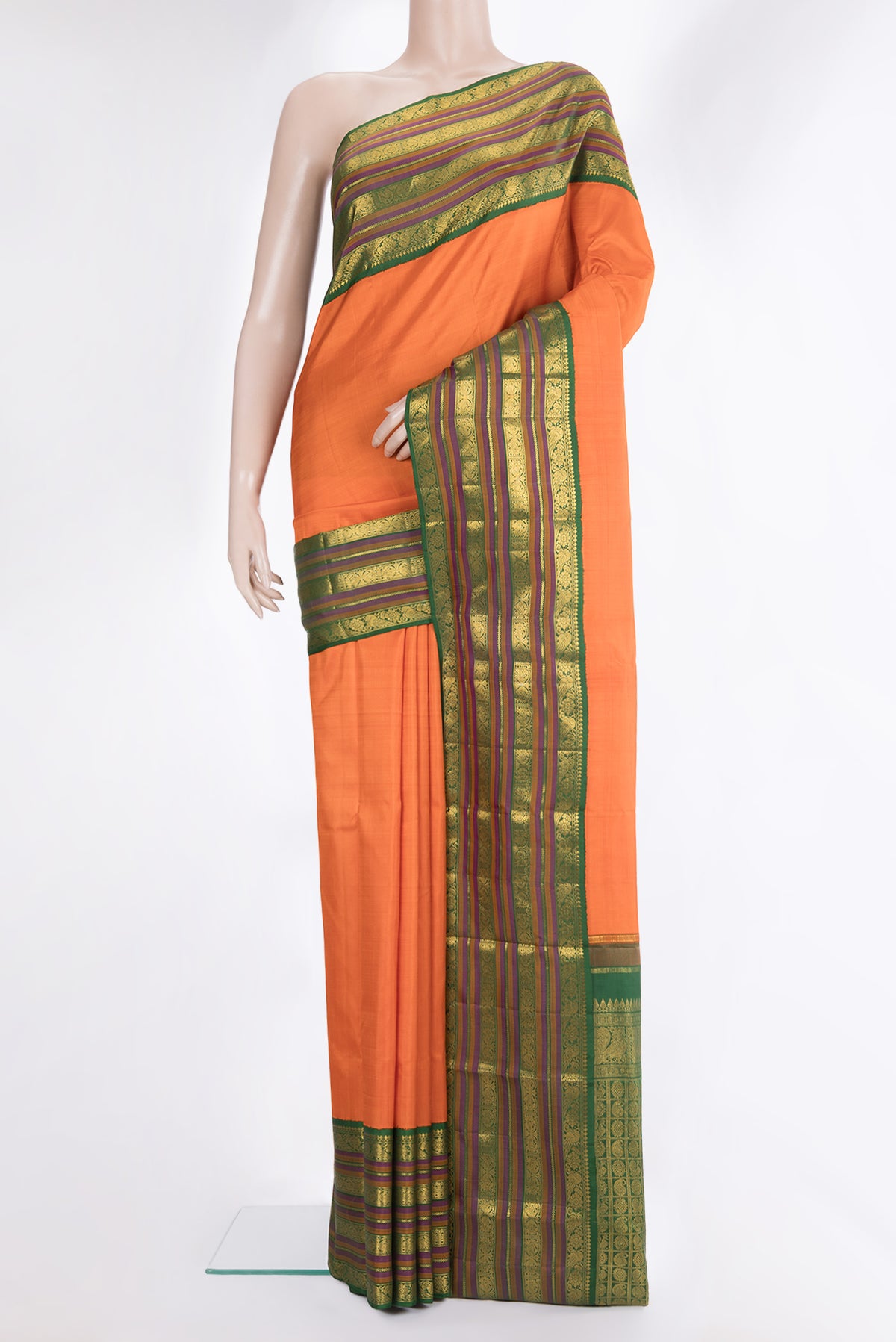 Pure Silk Orange Kanjivaram Saree with Plain Body and Zari Border.  displayed on a mannequin