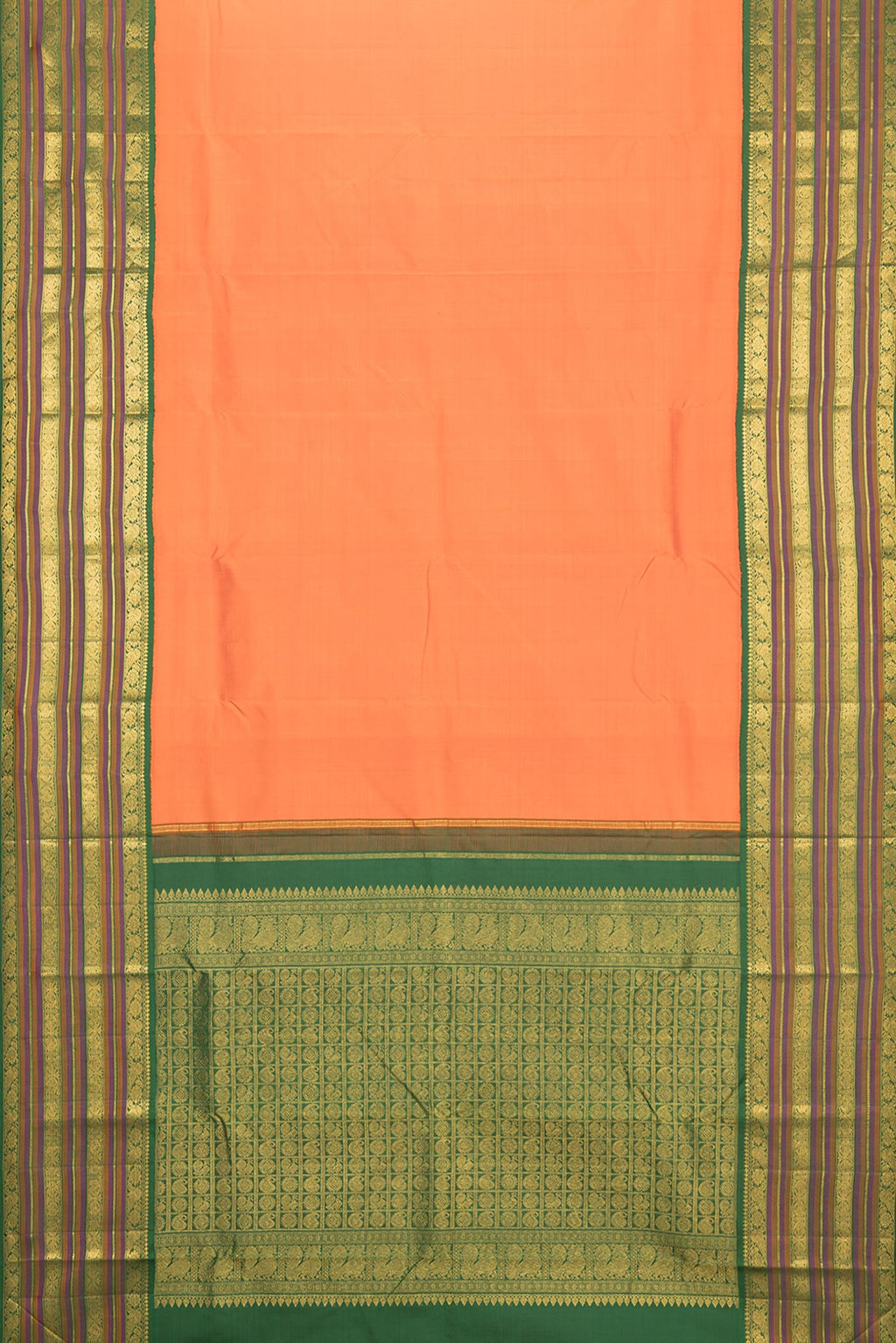 Flat view of Pure Silk Orange Kanjivaram Saree with Plain Body and Zari Border. 