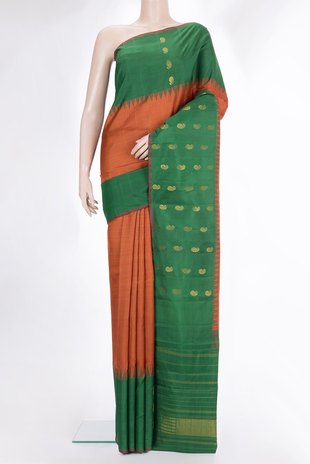 Pure Silk Orange Kanjivaram Saree with Checked design on the body and Fancy Border.  displayed on a mannequin