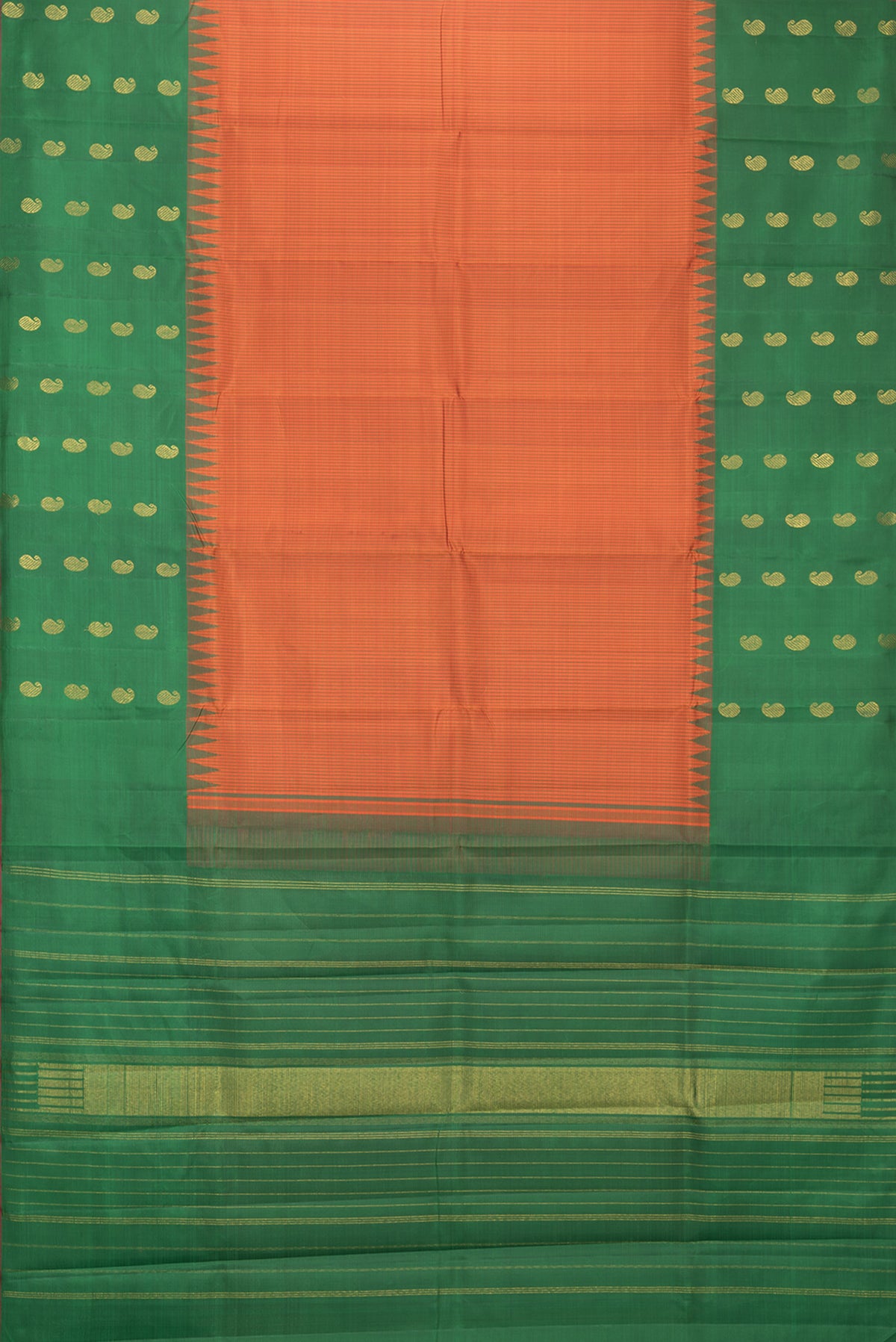 Flat view of Pure Silk Orange Kanjivaram Saree with Checked design on the body and Fancy Border. 