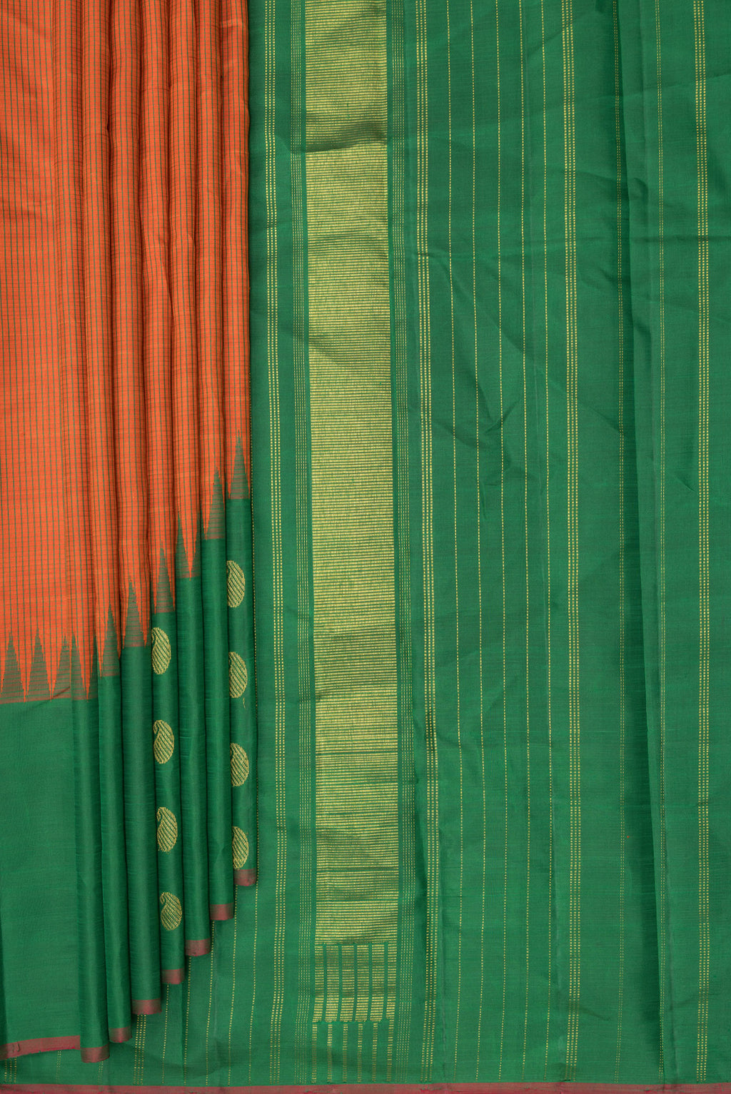 Pleats and pallu of Pure Silk Orange Kanjivaram Saree with Checked design on the body and Fancy Border. 
