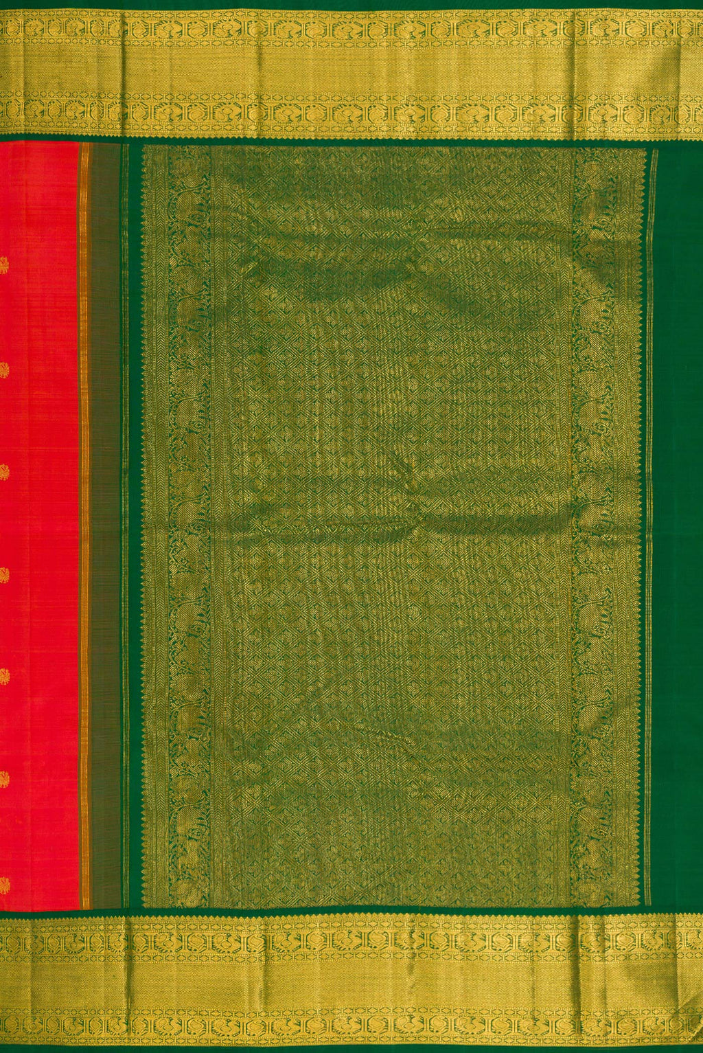 Close up image of the pallu of Pure Silk Orange Kanjivaram Saree with Zari Butta on the body and Zari Border. 
