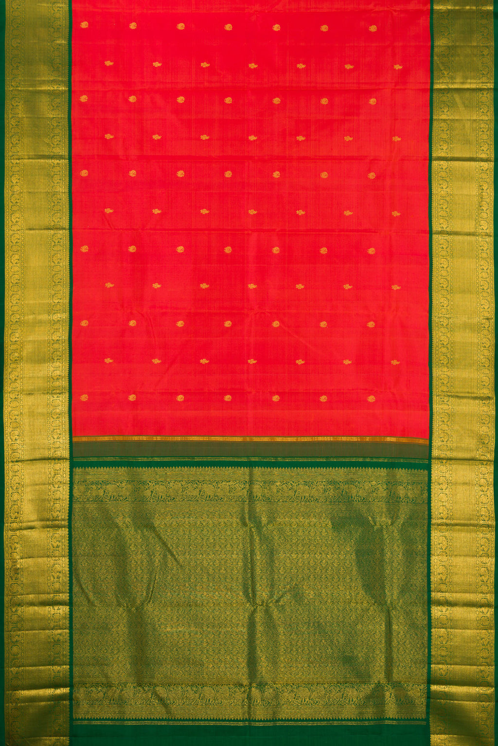Flat view of Pure Silk Orange Kanjivaram Saree with Zari Butta on the body and Zari Border. 