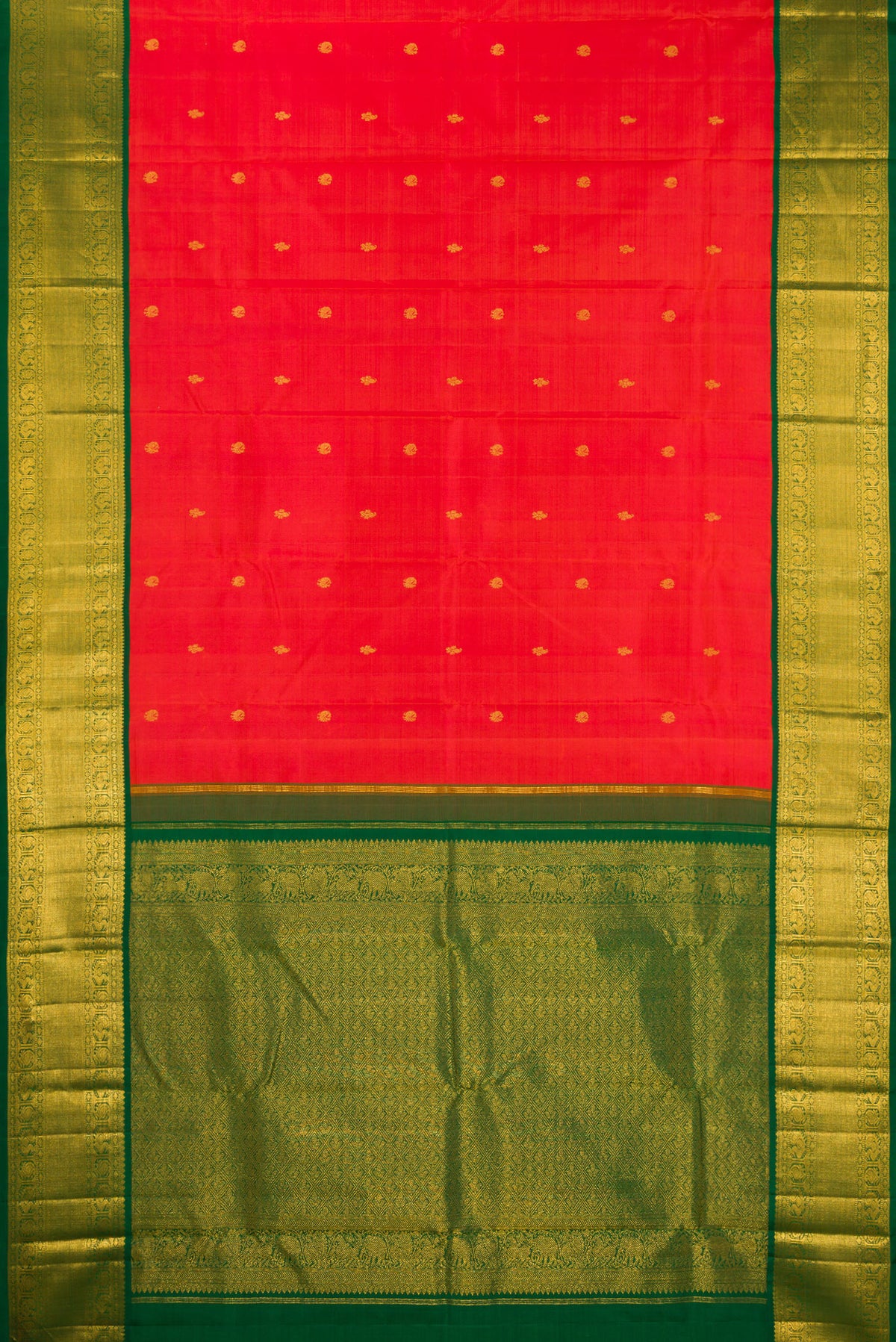 Flat view of Pure Silk Orange Kanjivaram Saree with Zari Butta on the body and Zari Border. 