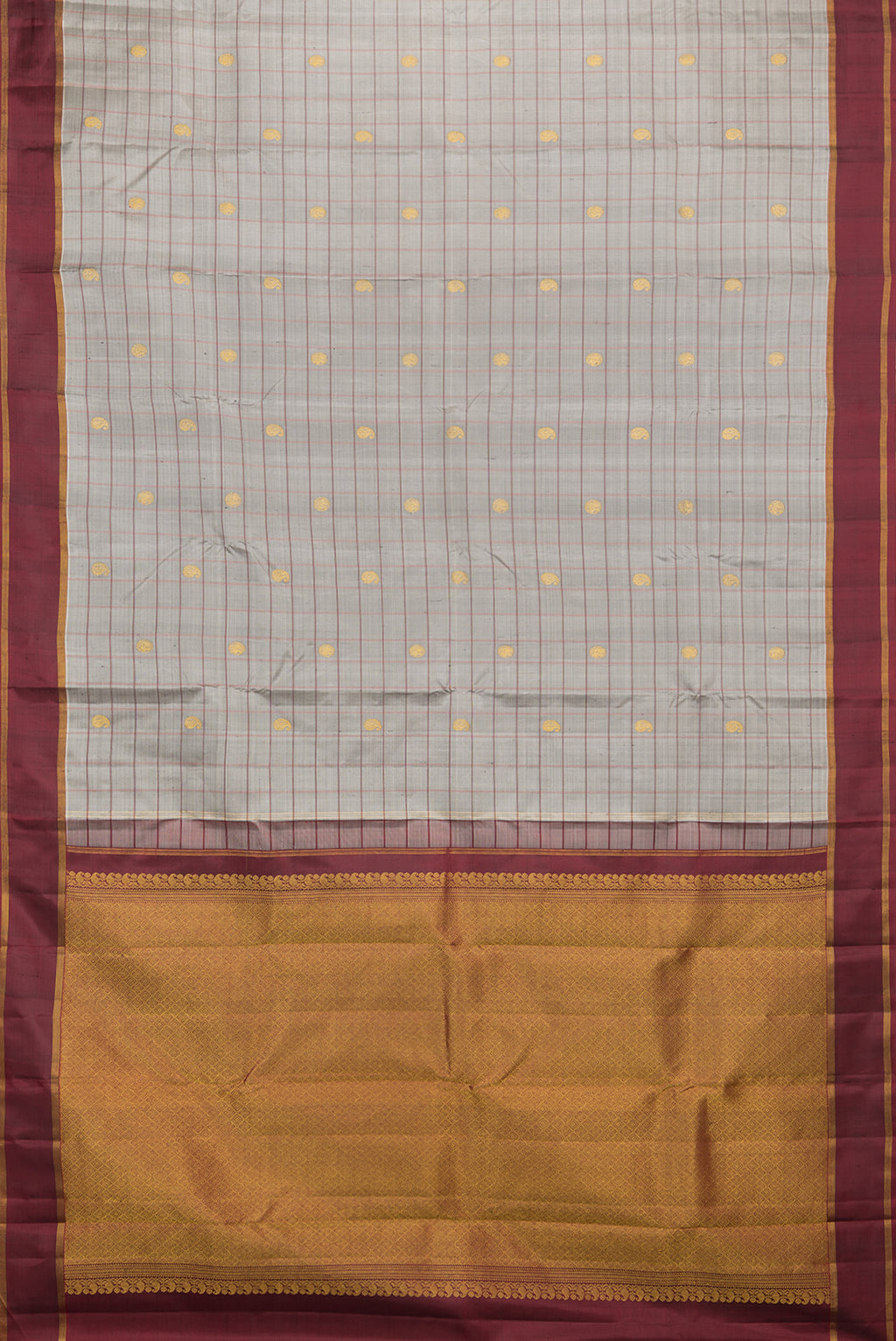 Flat view of Pure Silk Grey Dual Tone Kanjivaram Saree with Checked design on the body and Zari Border. 