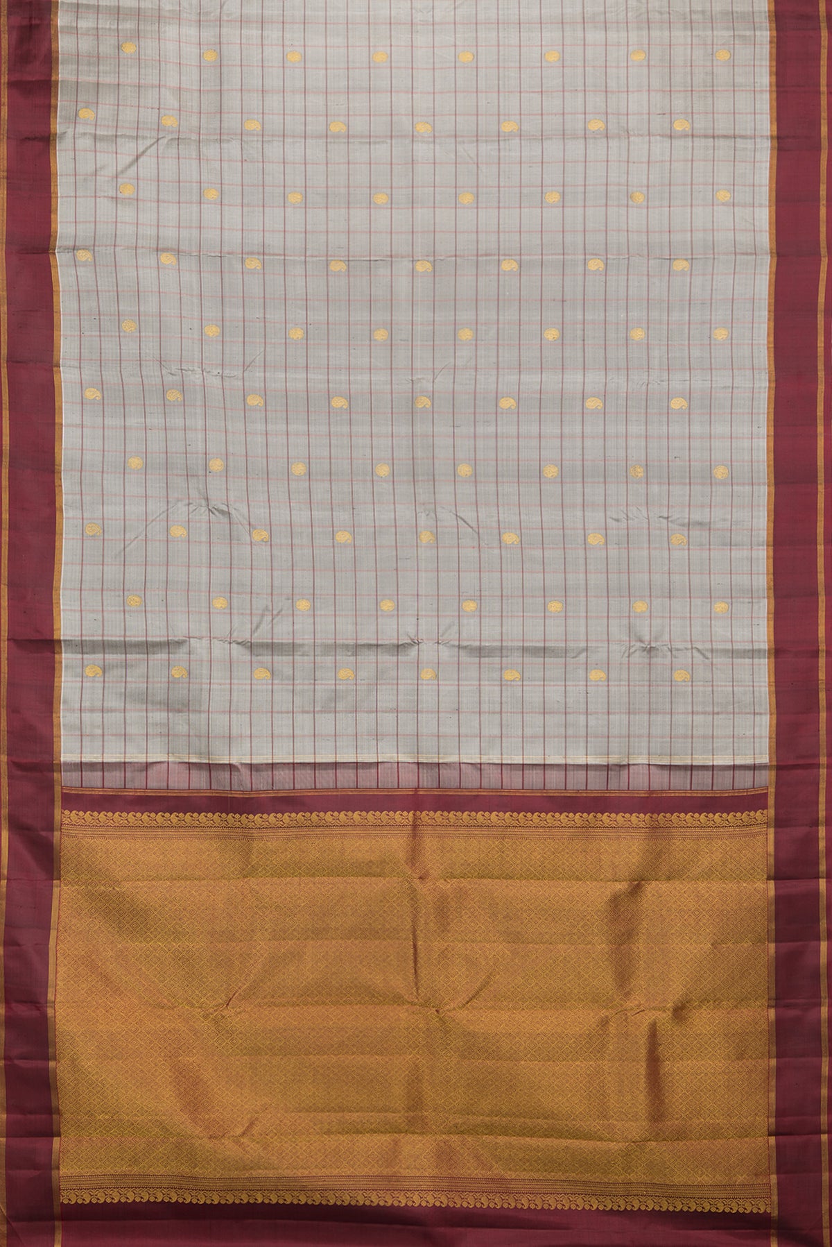 Flat view of Pure Silk Grey Dual Tone Kanjivaram Saree with Checked design on the body and Zari Border. 