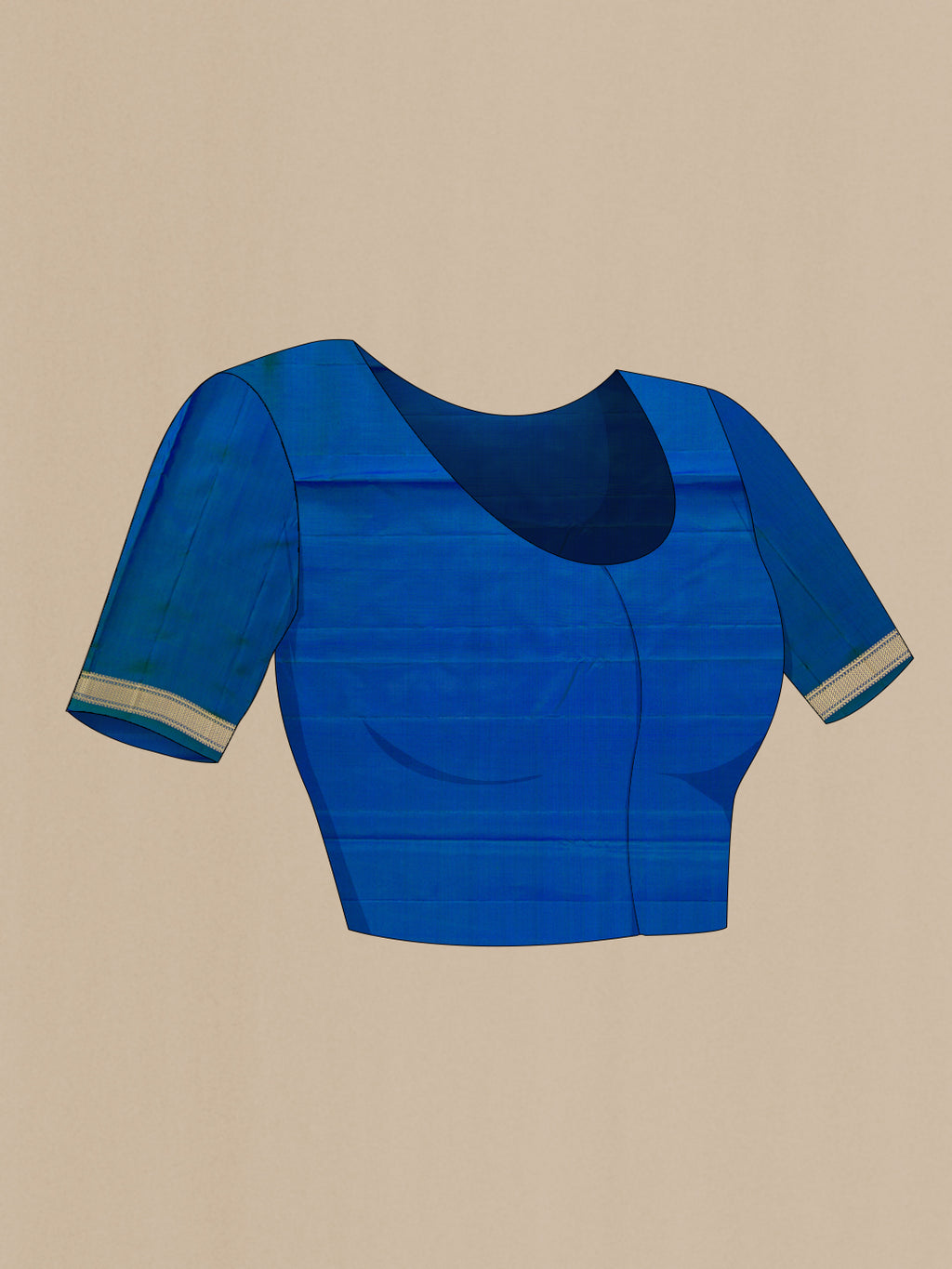 Close up image of the blouse of Peacock Blue Dual Tone Kanchipuram Silk Saree with Thread Butta on the body and Thread Border. 