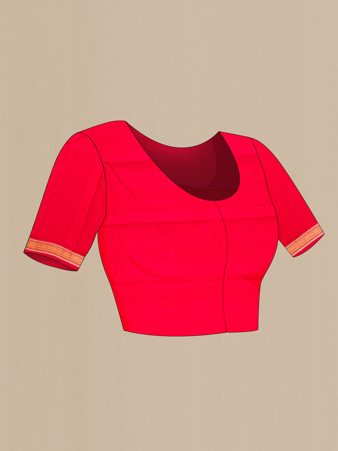 Close up image of the blouse of Red Kanchipuram Silk Saree with Thread Butta on the body and Thread Border. 