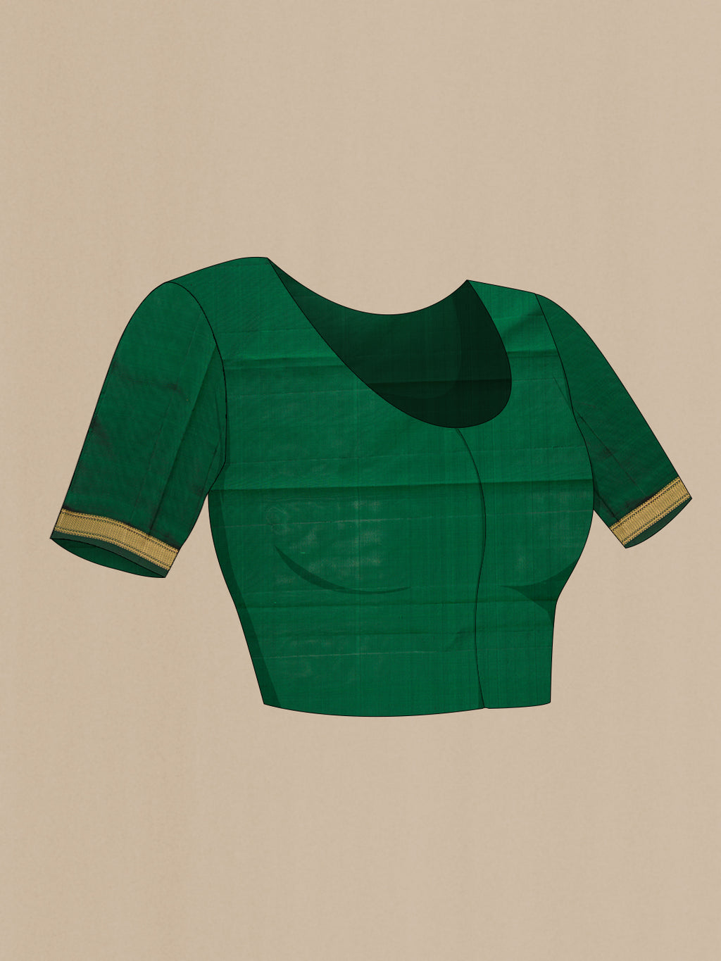 Close up image of the blouse of Bottle Green Kanchipuram Silk Saree with Thread Butta on the body and Thread Border. 